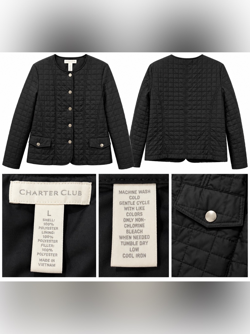 Charter Club Black Quilted Jacket Size Large Snap Front Lightweight Coat